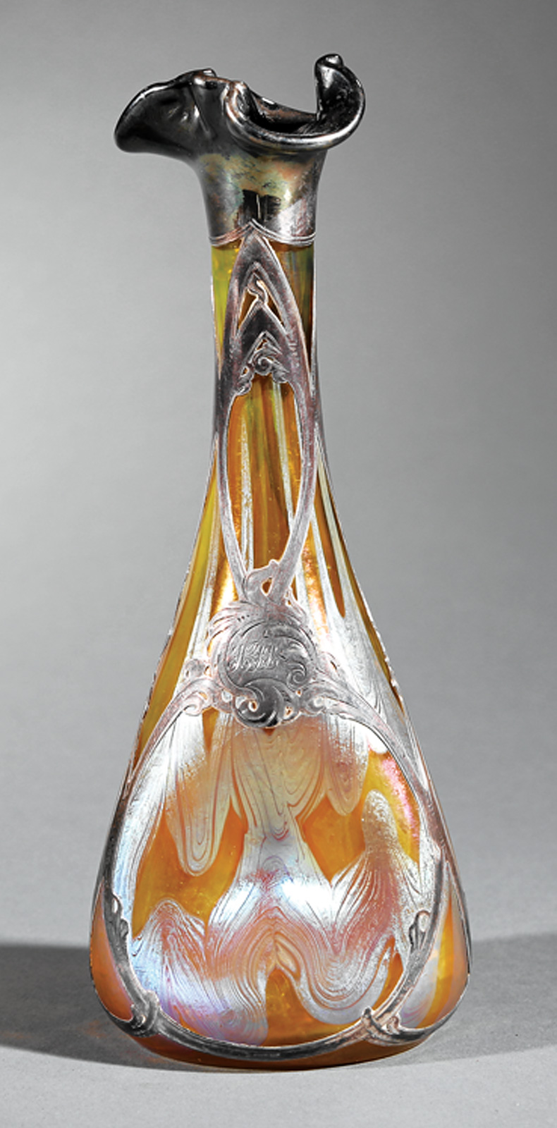 Continental Art Glass and Sterling Silver Overlay Vase, c. 1900, attr. to Loetz, yellow glass with