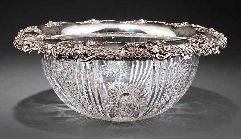 American Brilliant Cut Glass Punch Bowl with Redlich Sterling Silver Mounts, late 19th/early 20th