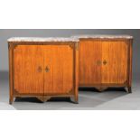 Pair of Louis XVI-Style Bronze Inlaid Cabinets, 19th c., marble tops, two doors, drawer and shelf