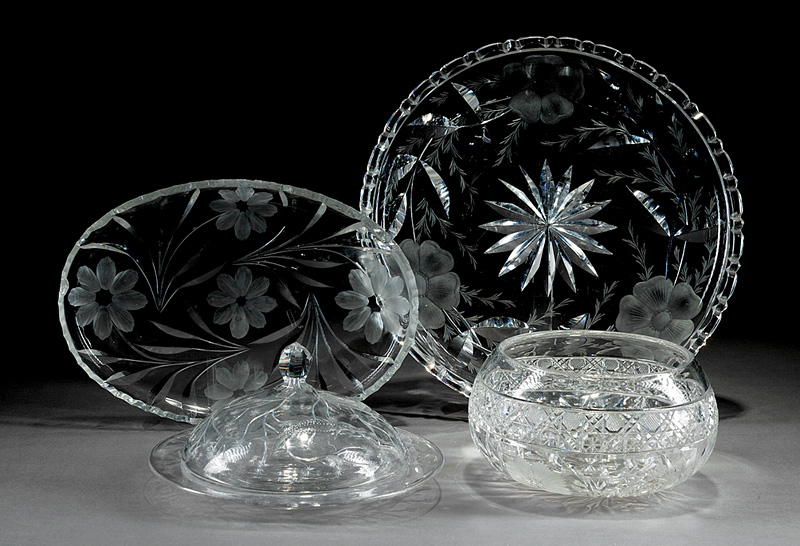 Group of American Brilliant Cut Glass, late 19th/early 20th c., incl. floral intaglio circular dish,