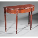 American Federal Carved Mahogany Games Table, foldover reeded edge top, frieze interspersed by