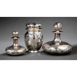 Three Silver Overlay Glass Dressing Table Articles, incl. 2 perfume bottles with globe stoppers,