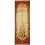 Savonnerie-Style Tapestry, early 20th c., red ground, cartouche with a flower vase, 3 ft. 4 in. x 10