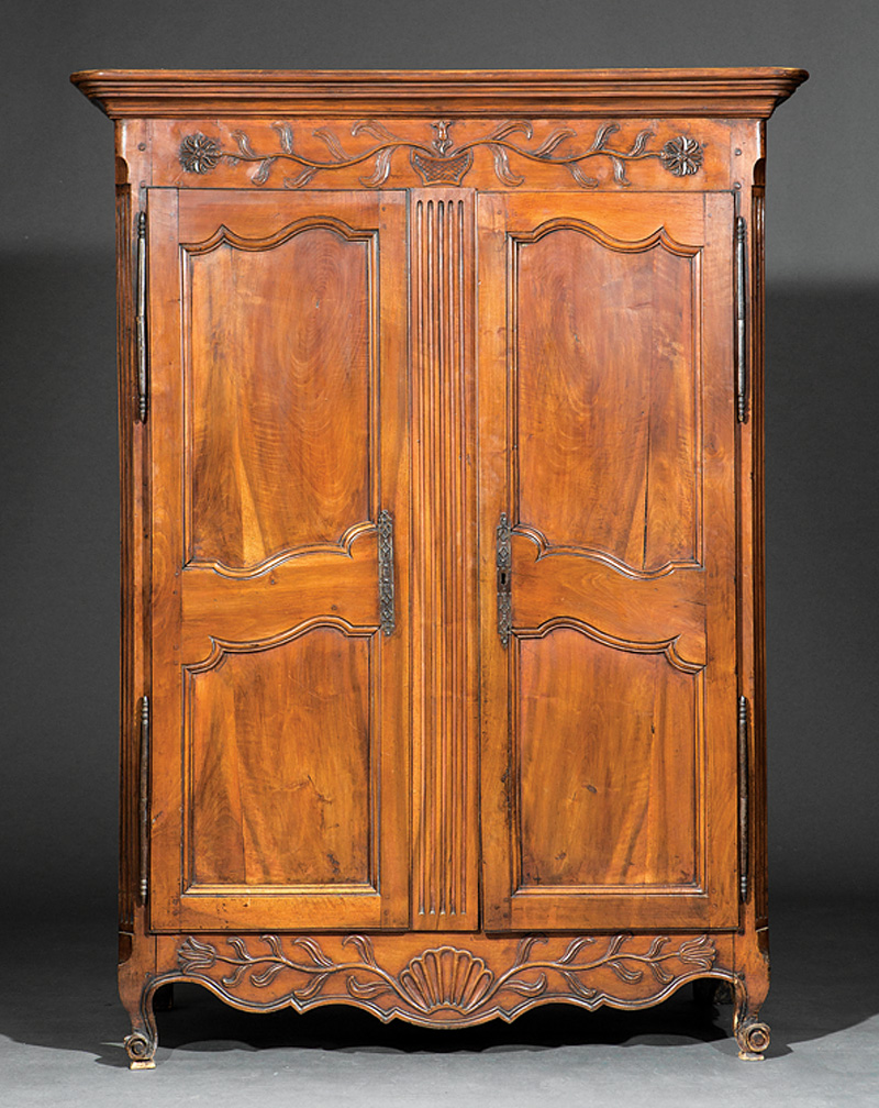 Louis XVI Walnut Armoire, 18th c., molded cornice, basket of flowers frieze, scalloped doors, fitted - Image 2 of 2