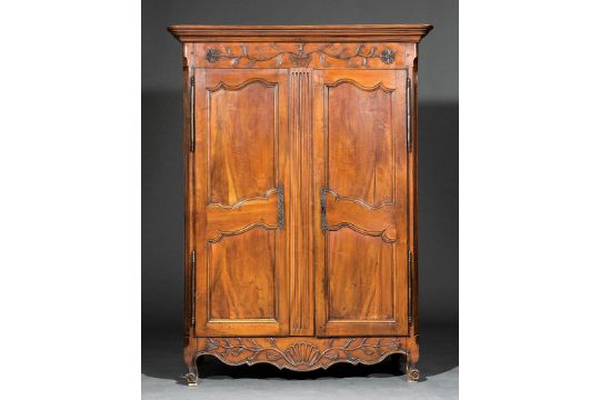 Louis XVI Walnut Armoire, 18th c., molded cornice, basket of flowers frieze, scalloped doors, fitted - Image 2 of 2