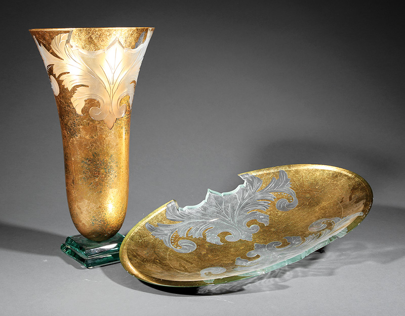 Continental Gilt-Decorated Cut and Etched Crystal Vase and Charger, possibly Venetian, signed