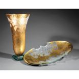 Continental Gilt-Decorated Cut and Etched Crystal Vase and Charger, possibly Venetian, signed