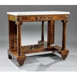 American Classical Mahogany Pier Table, early 19th c., marble top, foliate frieze, Corinthian