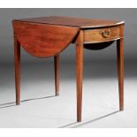 Irish Carved Mahogany Pembroke Table, probably early 19th c., oval drop-leaf top, frieze drawer,