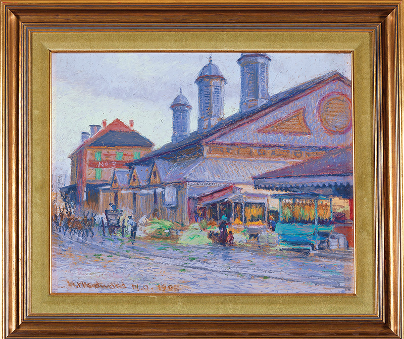 William Woodward (American/New Orleans, 1859-1939), "French Market", 1908, Raffaelli oil crayon on