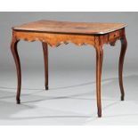 Louis XV Carved Fruitwood Side Table, 18th c., molded top, serpentine frieze with drawer, cabriole