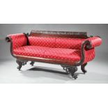 Fine American Classical Carved Mahogany Sofa, early 19th c., scrolled acanthus crest, scrolled