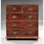 Anglo-Colonial Hardwood Campaign Chest, 19th c., in two parts, upper case with two short over long