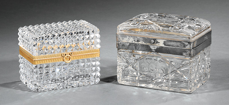 Two Continental Cut Crystal Dresser Boxes, early 20th c., the larger diamond-cut and floral etched