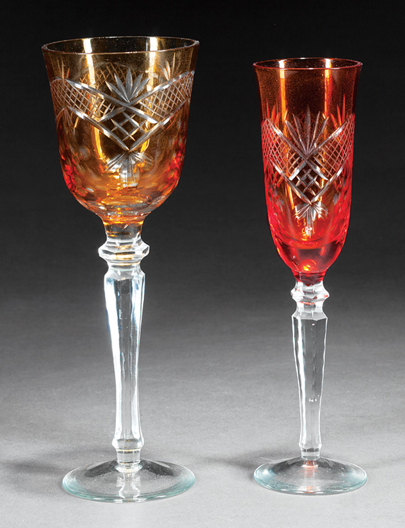 Partial Set of Bohemian-Style Colored Cut Crystal Stemware, 20th c., incl. 12 champagne flutes and - Image 3 of 3