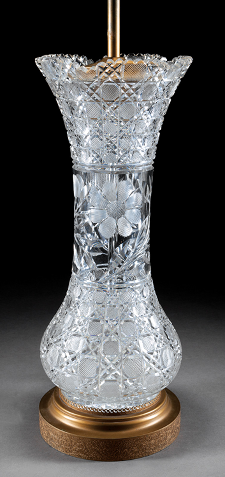 American Brilliant Cut Glass Vase, floral and strawberry motif, now mounted as a lamp, vase h. 20