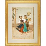 Filippo Indoni (Italian, c. 1842-1908), "Peasant Girls with Tambourines", watercolor on paper,