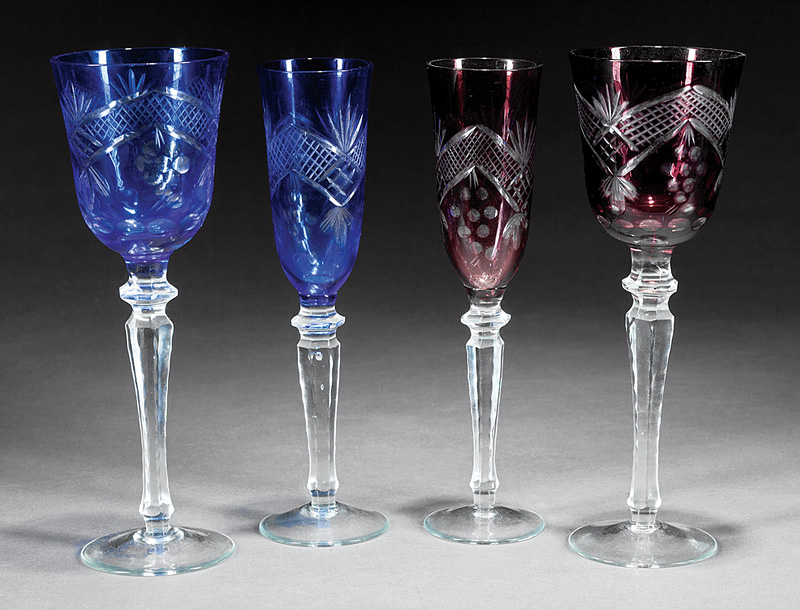 Partial Set of Bohemian-Style Colored Cut Crystal Stemware, 20th c., incl. 12 champagne flutes and - Image 2 of 3