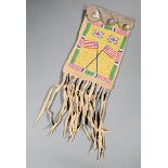 Crow Beaded Ration Bag, c. 1910, native-tanned, with Indian-head nickel buttons, yellow bead