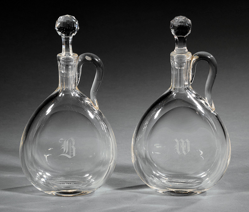 Pair of Antique Anglo-Irish Hand-Blown Leaded Glass Decanters, 19th c., panel cut necks with applied