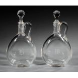 Pair of Antique Anglo-Irish Hand-Blown Leaded Glass Decanters, 19th c., panel cut necks with applied