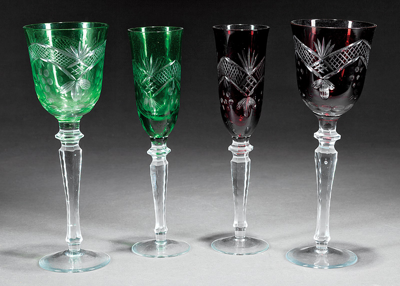 Partial Set of Bohemian-Style Colored Cut Crystal Stemware, 20th c., incl. 12 champagne flutes and