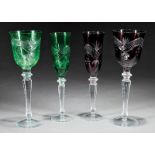 Partial Set of Bohemian-Style Colored Cut Crystal Stemware, 20th c., incl. 12 champagne flutes and