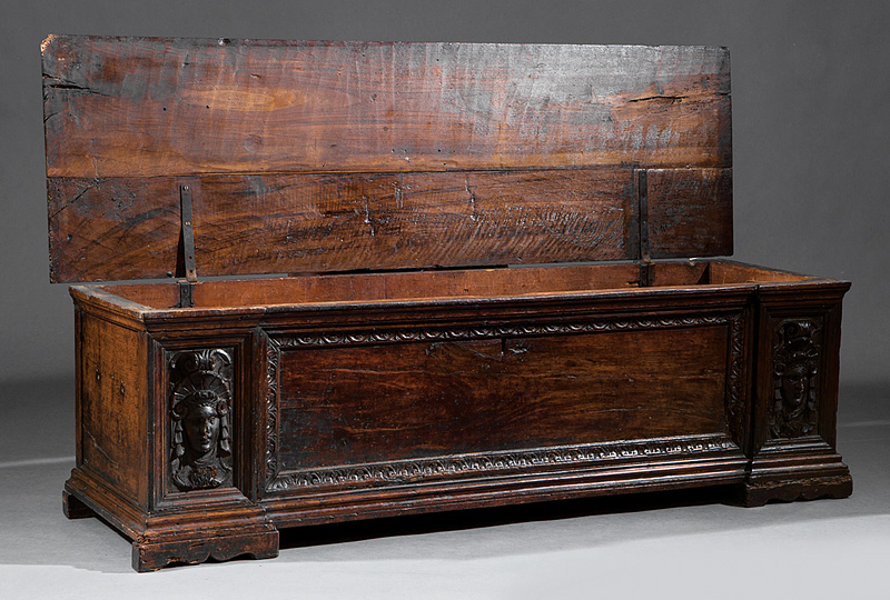 Italian Renaissance Carved Walnut Cassone, 17th c., molded lift top, panels, molded base, blocked - Image 2 of 5