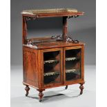 Antique English Ebony Inlaid Figured Walnut Music Cabinet, reticulated gilt bronze galleried top,