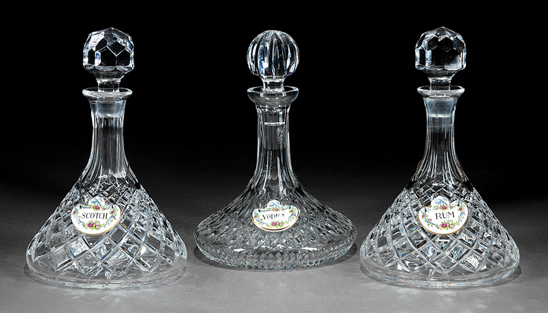 Six Cut Crystal Decanters, incl. one marked "Waterford", two marked "Ceska", each with porcelain