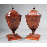 Very Fine Pair of English Inlaid Mahogany Cutlery Urns in the George III Style, 19th c., fitted