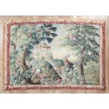 French Aubusson Tapestry, late 18th c., woven with a tropical garden scene with a pavilion, exotic