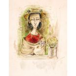 American School, 20th c., "Woman in a Hat with a Star and Flowers", watercolor on paper, illegibly