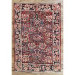 Semi-Antique Persian Mahal Carpet, red ground, blue border, overall repeating floral design, 4 ft. 5