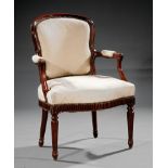 George III Carved Mahogany Armchair, late 18th c., padded back and arms, scroll supports, serpentine