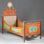 Pair of Antique Continental Paint-Decorated, Gilt and Faux Marbre Bedsteads, 19th c., arched crest