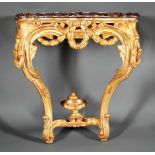 Antique Louis XV Carved Giltwood Console, shaped marble top, bellflower swagged frieze, cabriole