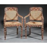 Pair of Anglo-Colonial Bone Inlaid Walnut Armchairs in the Regency Taste, shaped crest rail, curved