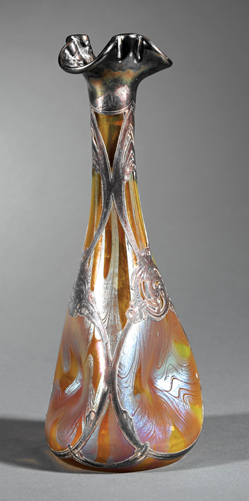 Continental Art Glass and Sterling Silver Overlay Vase, c. 1900, attr. to Loetz, yellow glass with - Image 2 of 2