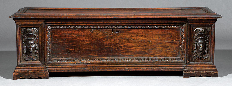 Italian Renaissance Carved Walnut Cassone, 17th c., molded lift top, panels, molded base, blocked - Image 3 of 5