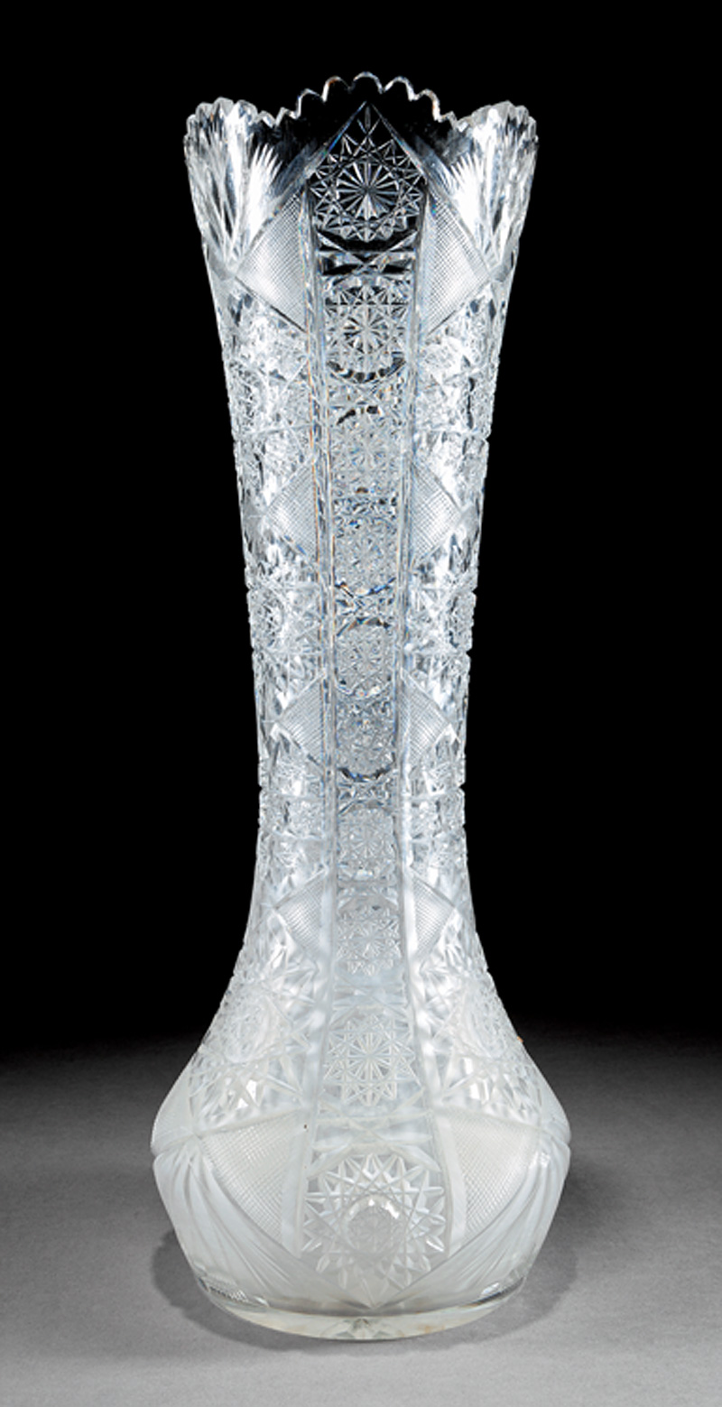American Brilliant Cut Glass Vase, late 19th c., star and fan motif, h. 18 in., dia. 5 1/2 in