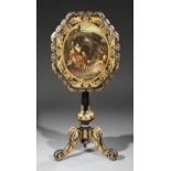 Fine English Gilt and Paint-Decorated Papier-Mâché Candlestand, 19th c., foliate-carved top, genre