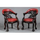 Pair of American Rococo Carved Walnut Armchairs, mid-19th c., Charles H. White stamp on proper