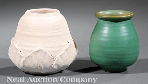 Two Newcomb College Art Pottery Vases, green glaze vase, base marked with Newcomb cypher, Joseph