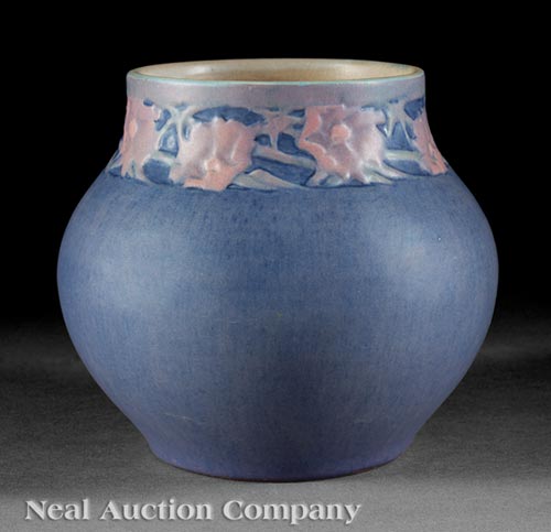 Newcomb College Art Pottery Vase, 1929, decorated by Sadie Irvine with pink Cherokee roses modeled