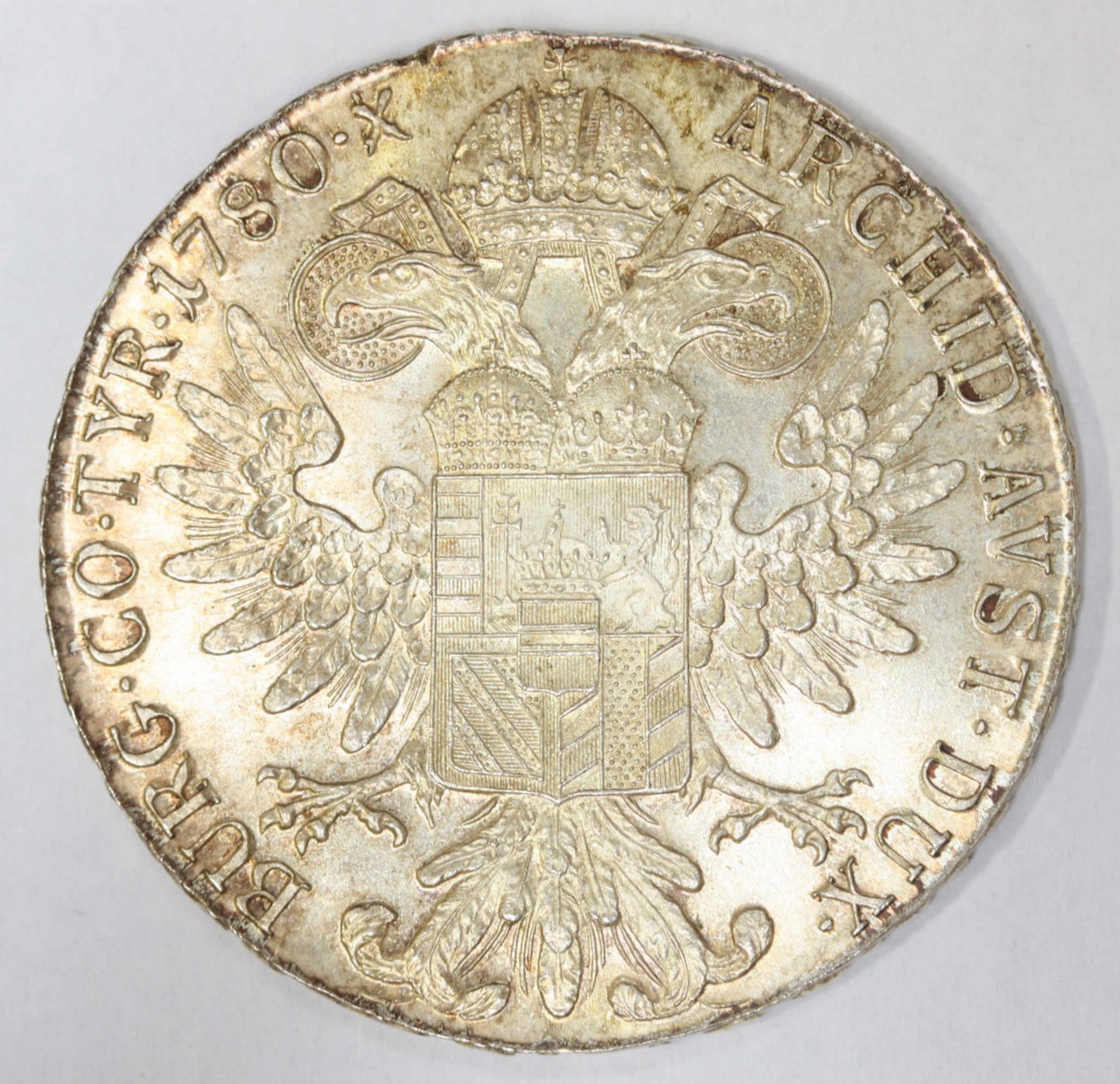 A silver 1780 Maria Theresa Thaler trade coin, inscribed 'BURG CO TYR 1780 X ARCHID AUST DUX' with - Image 2 of 2