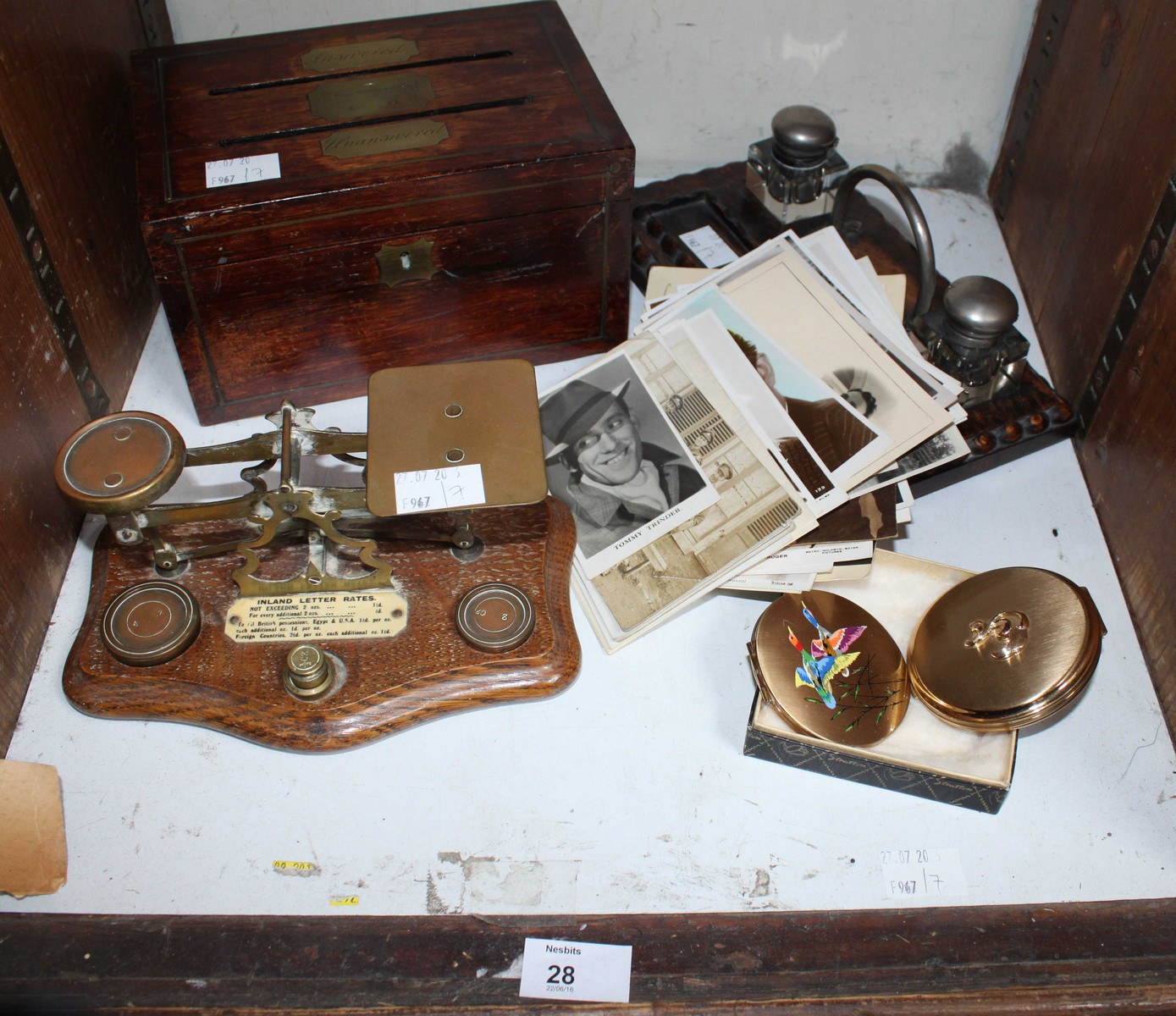 SECTION 28 - A letter organizer and an inkwell together with a set of postal scales and weights, two