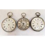 Three assorted Victorian silver pocket watches, two with white enamel dials, and one with silver