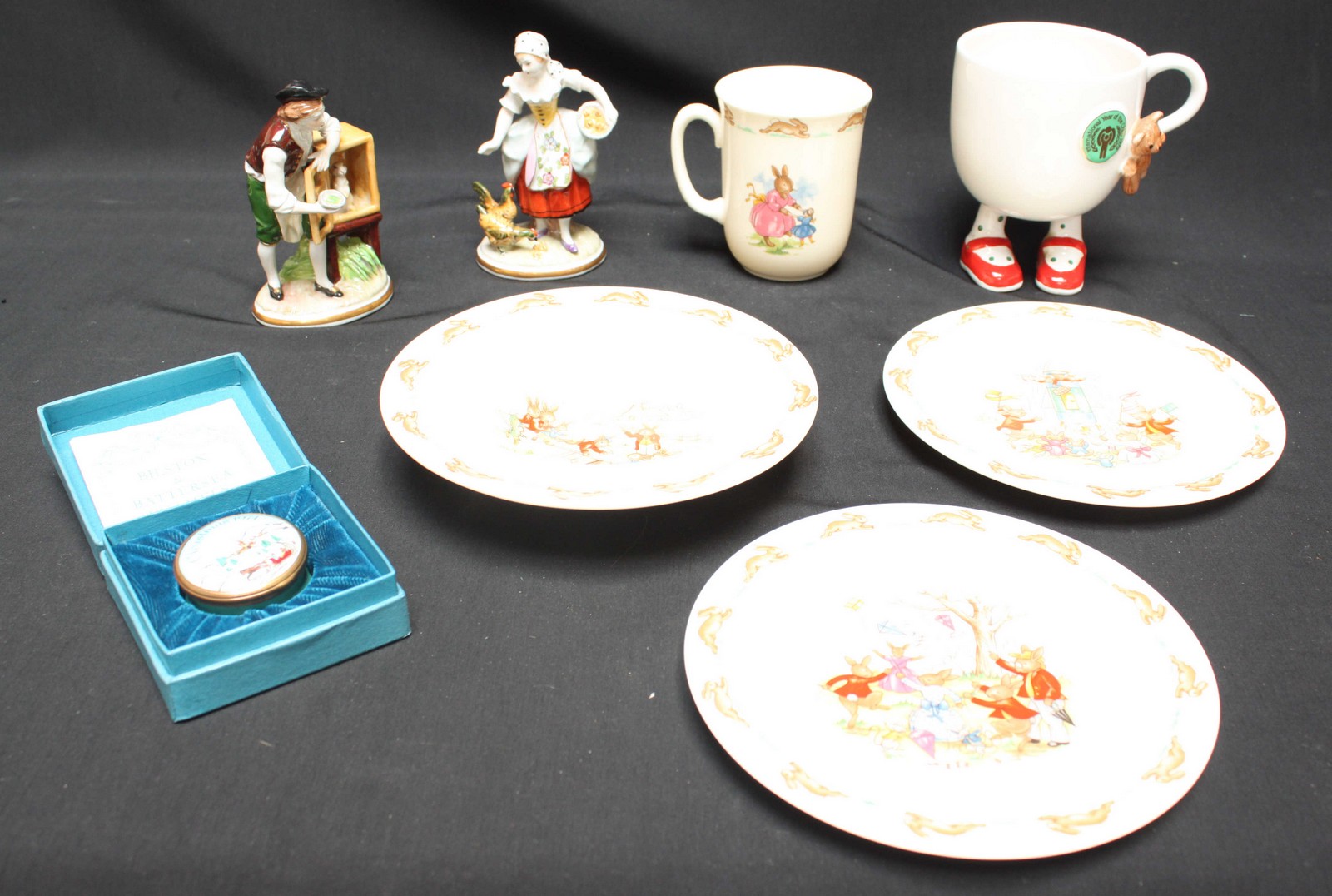 A small collection of ceramics including a pair of Sitzendorf porcelain figures, Bunnykins ware