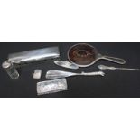A small quantity of assorted silver items including an ornate box, silver topped glass toilet